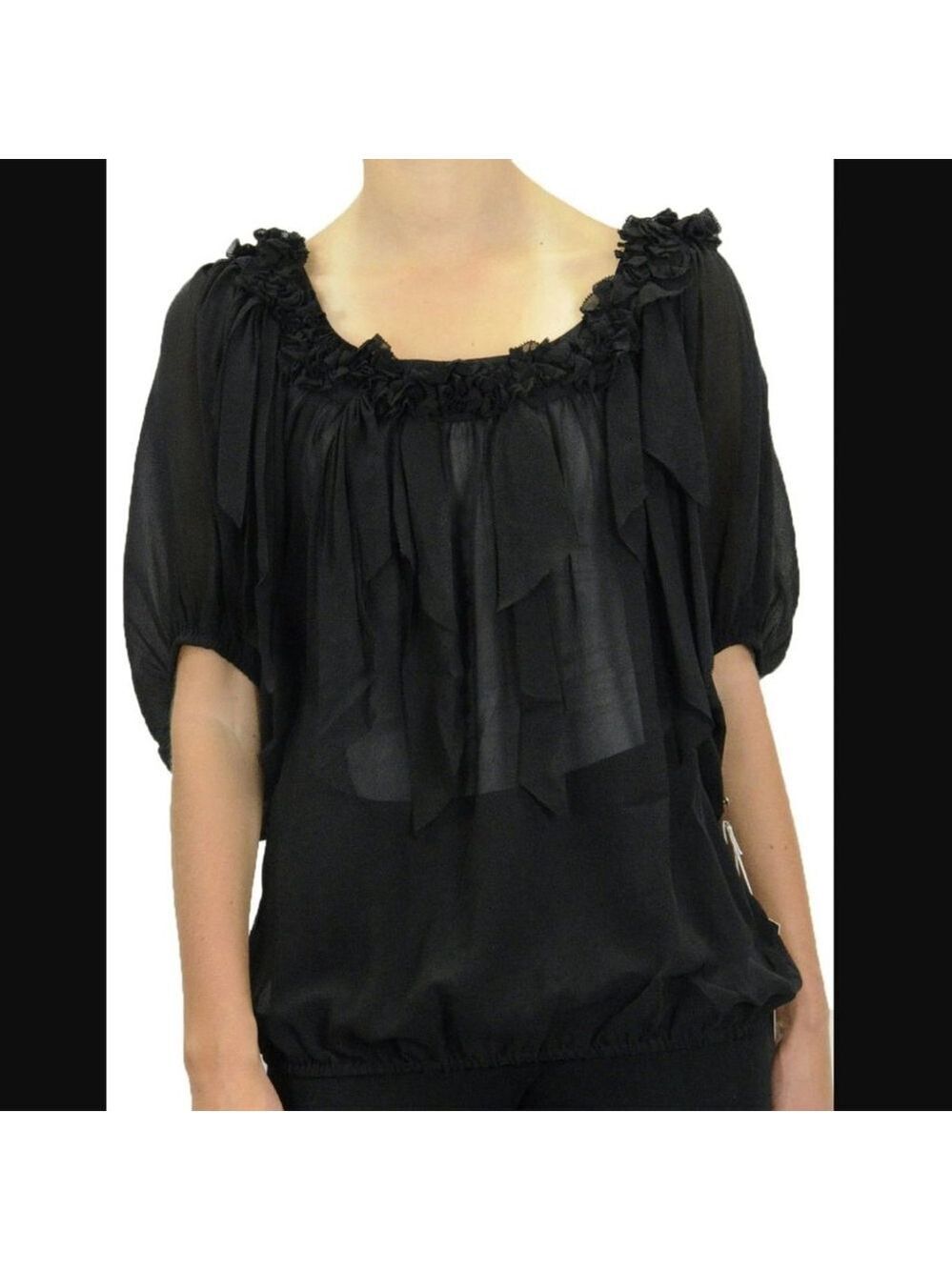 NEW Fifteen-Twenty Black Ruffle Trim Silk Blouse